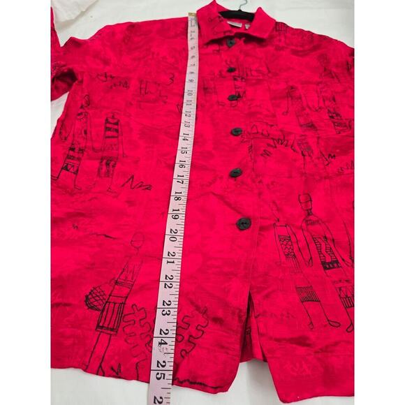 Chico's Linen Silk Blend Shirt Size 1 M Red Black Artsy Funky People Button Down - Picture 9 of 11